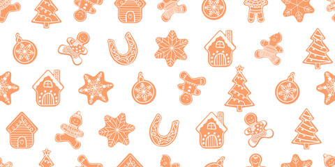 Vector pattern for gingerbread houses, trees, snowflakes, Christmas tree baubles, horseshoes, and cookie men. Festive seamless background for packaging, textiles, cards, backdrops and crafts
