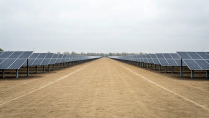 A vast solar farm with rows of solar panels stretching towards the horizon under a cloudy sky.