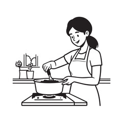
Black and White Vector Illustration of a Smiling Woman Cooking in Kitchen with Apron and Headband