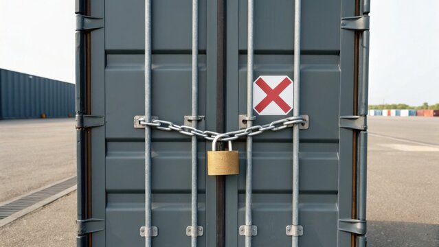A locked shipping container with a warning symbol, showcasing security and restricted access in a port area.