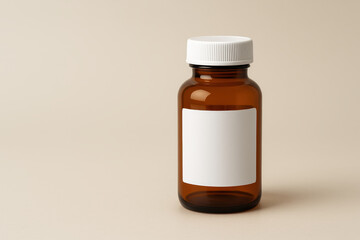 Pharmaceutical Clarity: A minimalist presentation of an amber medicine bottle with a clean, blank label against a neutral backdrop. Emphasizing simplicity and utility.
