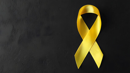Yellow ribbon on black background, symbolizing cancer awareness and support with copy space for health campaigns and title banners
