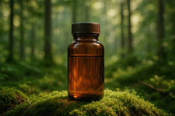 Amber Bottle in Nature's Embrace: An amber bottle filled with liquid rests on a bed of vibrant green moss in a lush forest environment. The soft glow of light filters through the foliage. 