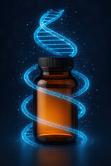 The Code of Wellness: A visual representation of health and medicine, a supplement bottle entwined with a vibrant DNA helix, signifying the intersection of science and well-being.