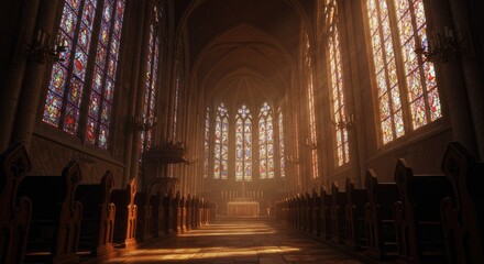 Fototapeta premium Hyperreal Gothic cathedral interior with stained glass, golden light, arches, pews, altar, rich atmospheric detail. 