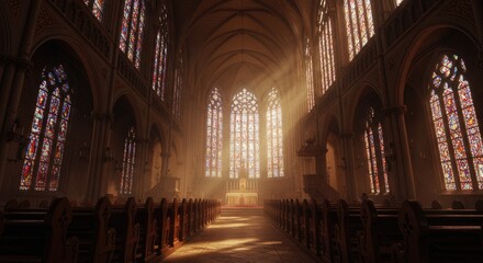 Obraz premium Hyperreal Gothic cathedral interior with stained glass, golden light, arches, pews, altar, rich atmospheric detail. 