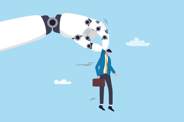 AI Artificial Intelligence to replace human job, lay off or fired employee using AI substitution, innovation or tech evolution, robot hand push away human to replaced with AI artificial Intelligence.