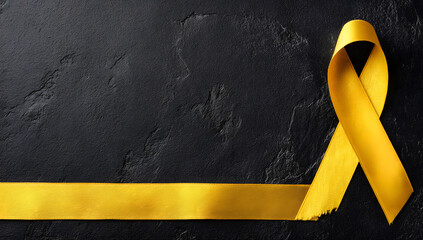 Yellow ribbon on black background, symbolizing cancer awareness and support with copy space for health campaigns and title banners
