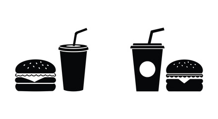 Simple black and white icons depicting fast food meals and drinks