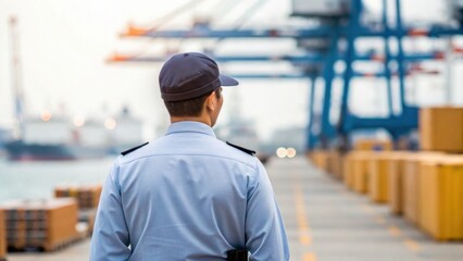 A port security officer stands on a dock, overseeing shipping containers and cranes in the background, promoting safety and efficiency in maritime operations.