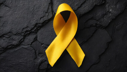Yellow ribbon on black background, symbolizing cancer awareness and support with copy space for health campaigns and title banners
