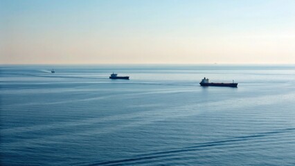 A serene ocean view featuring multiple cargo ships sailing across calm waters under a clear blue sky.