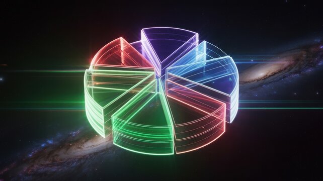 Vibrant neon pie chart illustrating data segmentation against a cosmic galaxy background - Powered by Adobe