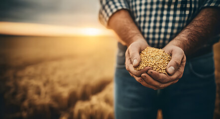 Farmer’s calloused hands holding wheat grains with sunset background, symbolizing organic food production and agricultural freedom
