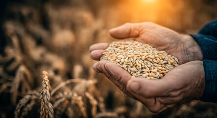 Farmer’s calloused hands holding wheat grains with sunset background, symbolizing organic food production and agricultural freedom
