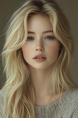 Naklejka premium Young blonde woman with natural freckles and blue eyes wearing knit sweater, soft beauty portrait with gentle makeup and tousled hair against neutral background.