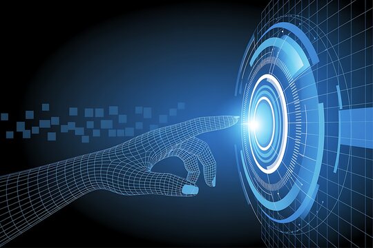 Futuristic digital hand interacting with a glowing circular user interface representing modern technology and innovation