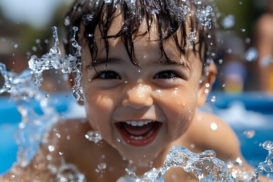 Joyful young child splashing and playing in swimming pool with water droplets spraying, capturing pure happiness and summer fun in bright sunlight.
