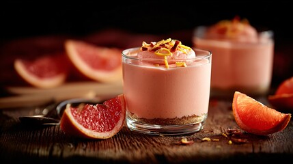 Grapefruit mousse parfait, rustic table, scattered grapefruit slices, cozy warm light, copy space