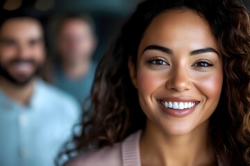 Young mixed race woman with curly hair and bright smile wearing pink sweater looking at camera, with blurred male figures in background.