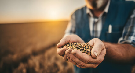 Farmer’s calloused hands holding wheat grains with sunset background, symbolizing organic food production and agricultural freedom
