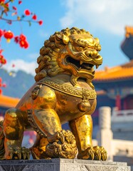 Golden lion statue in a Chinese temple courtyard
