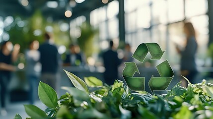 Green recycling symbol floating above lush plants with blurred business people in modern office background, representing environmental sustainability and eco workplace.