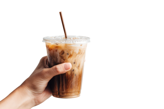 Hand holding an iced coffee in a tall clear plastic cup on transparent background - Powered by Adobe