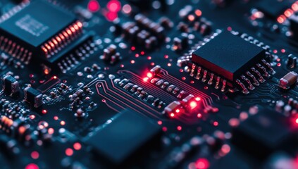 Fototapeta premium A close-up of an advanced microchip, showcasing a colorful circuit board with glowing red and blue components.