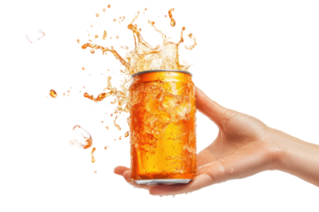 Hand offering a fizzy orange soda can with ice cubes, transparent background