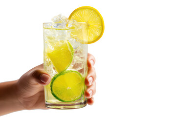 Hand offering a tall glass of lemon-lime soda with ice, transparent background