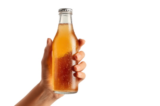 Handmade kombucha in brown glass bottle with label, transparent background