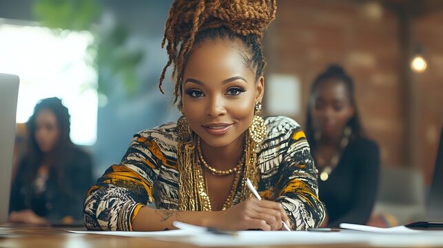 Young African American woman with dreadlocks and gold jewelry smiling while studying or working at desk, wearing colorful ethnic print jacket in modern office or cafe setting. - Powered by Adobe