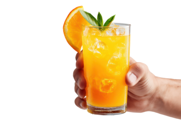 Male hand holding a glass of fresh orange juice, transparent background