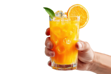 Male hand holding a glass of fresh orange juice, transparent background