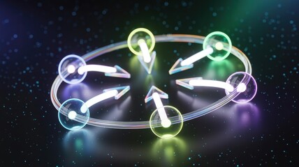 Abstract digital representation of interconnected processes flowing in a circular neon lighted pathway