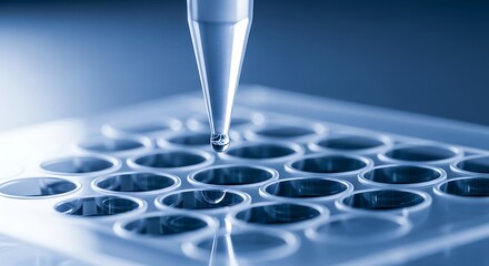 Closeup of a pipette dispensing a drop of liquid into a well of a 24well microplate in a laboratory setting, emphasizing scientific research and testing
