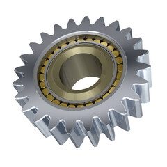 3d verchromtes Zahnrad mit Walzenlager, Einzelteil für Getriebe und Antrieb. Transparenter Hintergrund, freigestellt