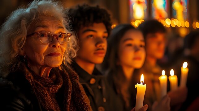 Diverse group holding glowing candles during evening vigil or memorial service, faces illuminated by warm candlelight against dark background, creating atmospheric mood.