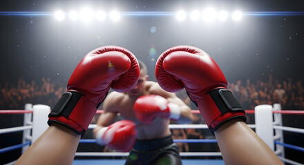 POV of boxer with gloves up in defensive stance, blurred opponent in front, intense boxing ring atmosphere.
