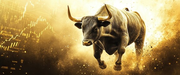 A powerful bull charging forward, symbolizing the stock market's rising trend with charts and graphs in the background. The golden backdrop adds to its grandeur.