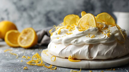 Lemon pavlova topped with citrus slices, marble background, scattered zest curls, airy composition, copy space above