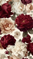 A lush floral pattern featuring crimson and blush peonies, interspersed with greenery, on a creamy backdrop