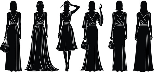 Six elegant women silhouettes in fashionable dresses and accessories, vector illustration showcasing formal wear, style variations, and modern fashion design