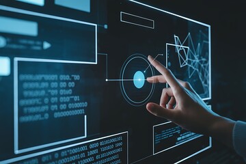 Futuristic technology interface with a human hand interacting on a digital screen displaying data visualization and binary code