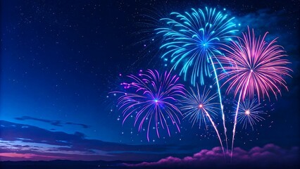 Colorful fireworks bursting in night sky with vibrant blue and pink explosions

