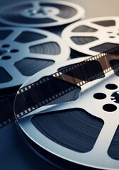 Vintage film reels with cinematic strip movie retro