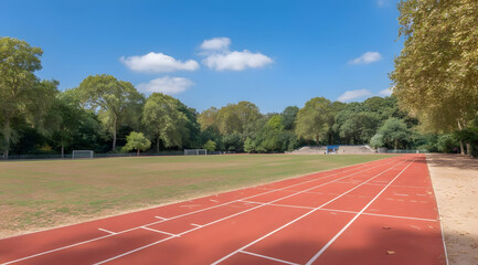 Wide-angle photo of red running track with white markings under blue sky, sports and outdoor fitness concept photography
