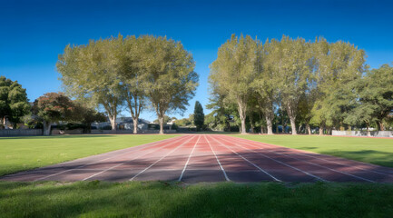 Wide-angle photo of red running track with white markings under blue sky, sports and outdoor fitness concept photography
