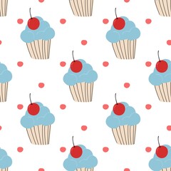 Hand drawn blue cupcake pattern background. Cute cupcake pattern background. Cherry cupcake seamless pattern. Seamless patterns with sweet dessert cupcakes.